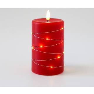LED Bloklys med lyskæde, 12,5cm høj, flammeeffekt - Ø7,5cm, 10cm høj, virker m. fjernbetj, ægte stearin, rød