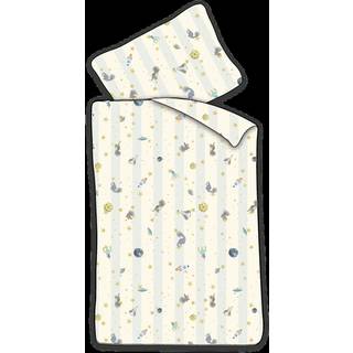 Baby sengetøj 70x100 cm - Hvidt stribet sengesæt med dinosaurer og rumraketter - 100% blødt bomulds sengelinned