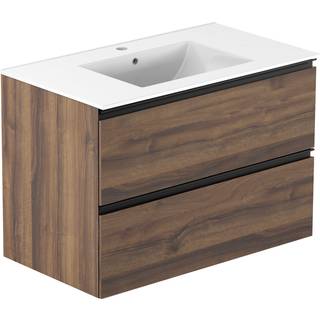 Tvättställsskåp Walnut Luna Trä 80 cm med Handfat Vit Blank