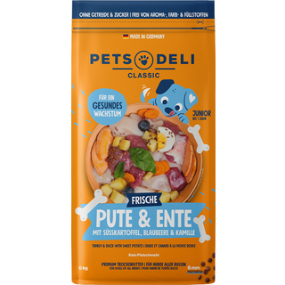 Pets Deli Junior tørfoder med kalkun, and, sød kartoffel, blåbær og kamille 78.33 DKK/1 kg