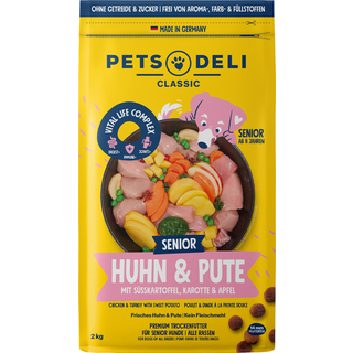 Pets Deli Senior tørfoder med kylling og kalkun, sød kartoffel, gulerod og æble 99.48 DKK/1 kg