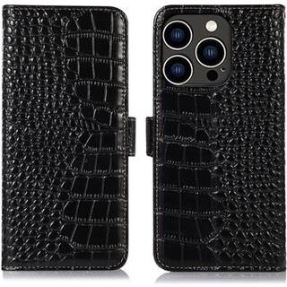 iPhone 16 Pro Crocodile Series Læderpung med RFID - Sort