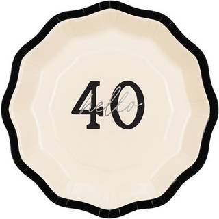 6 stk. Paptallerkener "Hello 40" i creme, sort og sølv – perfekte til 40-års fødselsdag!