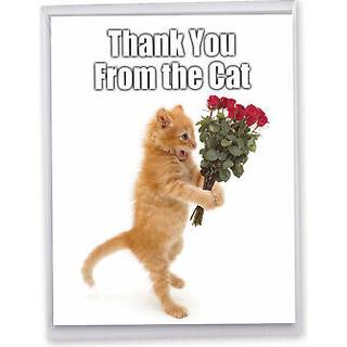 Sjovt takkort med konvolut 8,5 x 11 tommer - stor tak fra katten lyk?nskningskort - s?d fluffy orange tabby kitty, der giver en buket roser - dyr