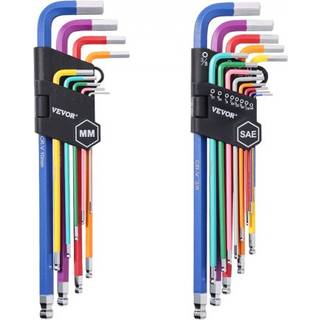 Vevor Hex Key Allen-skruenøgle sæt 22 pcs SAE (0,050-3/8 in) og metrisk (1,5-10 mm) farvekodning af Allen-skruenøgler sæt med kugleend Lang arm L