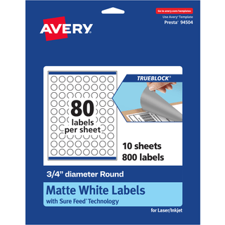 Avery TrueBlock mathvide runde etiketter 0,75"""" Diameter 800 etiketter Print-to-The Edge Laser/Inkjet Printable Fantastisk til produkt- og prism