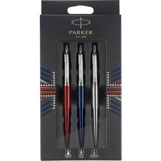 Parker Jotter London Trio Discovery-pakke: Kuglepen (kongeblå), gelépen (Kensington-rød) og stiftblyant (rustfrit stål)