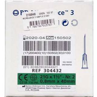 BD Microlance 21 g x 1,5" 0,8 x 40 mm (grøn) - 100 stk.