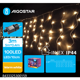 5m LED varm hvid lyskæde gardin - 100 LED, 5x0,4m, 25 rækker, 8 lysspil, IP44, transparent ledning