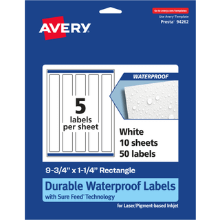 Avery holdbare vandttte rektangulre etiketter Sure Feed-teknologi 9,75"""" x 1,25"""" 50 samlede olie- og rivefaste vandttte etiketter Print-til-k