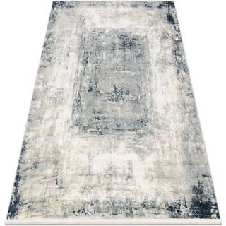 DISTIN 0845A hvid / marineblå / blå moderne tæppe - Abstraktion, ramme, vintage, frynser 120x170 cm