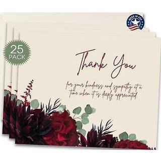 MPC Brands Blank Funeral Tak -kort - Sympati Bereavement Tak -kort med konvolutter - Meddelelse inde (25 Red Blomster)