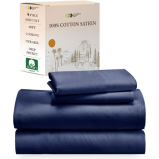 California Design Den bl?de 100 % bomuldslagner i fuld st?rrelse senget?j med dyb lomme i fuld lagner s?t med satinv?vet k?lelagner - marinebl?