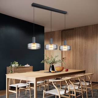 Grant LED-hængelampe, længde 90 cm, røggrå, 3 lyskilder, glas