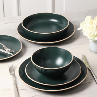 Stone Lain Lauren Modern StoneWare 16-Piece Round Thaysware Set Plates and Bowls Set Dish Set til 4 Dark Green