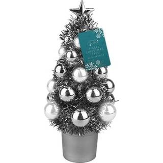 Sølv- og hvidt tinsel-juletræ med julekugler som pynt 20 cm