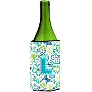 Brev L Blomster og sommerfugle Teal Blue Wine Bottle Beverage Isulator Hugger CJ2006-LLIPERK