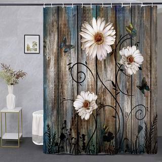 Miffrank Rustik bruseforhæng Sæt gråt blomsterstofbad gardin 12 kroge sommerfugl Daisy American Country Farm Style 72? 72 inches