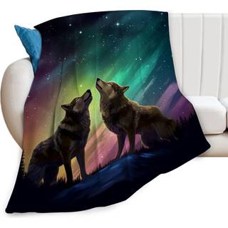 Ulvet?ppe Wolf Northern Lights Decor Pynt t?ppe Ulvet?ppe Gaver til piger Drenge Ulveelskere Supervarm Bl?dt plys letv?gts fleece flannel Senget?