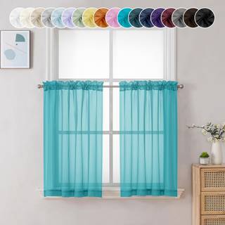ChyHomenyc Sheer Turquoise Tier Curtains 24 tommer Længde Lille vinduesgardiner Behandling til badeværelse Stue Basement Kort stanglomme Cafe Gar