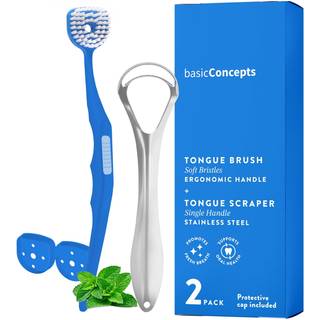 Mundologi Tongue Brush & Tongue Scraper (Combo Pack) Reducer dårlig ånde og forbedring af mundhygiejne tunge skraberbørste til voksne ergonomisk