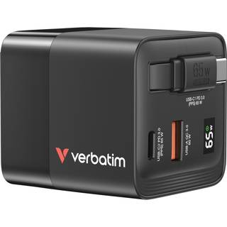 Verbatim GaN Charger 65W 2 Port retractable cable display US plugs with EU and UK adaptors