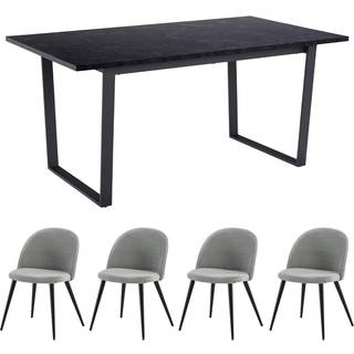 Tilst spisebordssæt bord marmor print sort 90x160 og 4 stole velour grå.