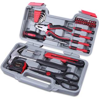 Cartman 39 piece v?rkt?jss?t generelt husholdningss?t med plastikv?rkt?jskasse opbevaringssag sk?ret tang r?d