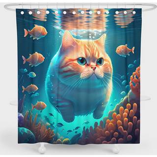 DDS-dudes Cute Cat Bruser Gardin Set til børn Badeværelse Sjov orange Garfield Svømning og fisk i havstofindretning Vandtæt gardiner med 12 stk k