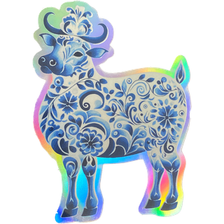 Blue Rosemaling Cow Holographic Sticker
