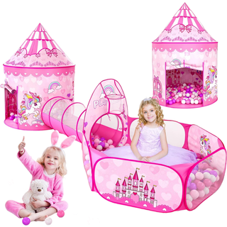 GeerWest 3-delt Prinsessetelt med Boldbassin og Kravletunnel til Småbørn - Lyserød Pop-Up Indendørs/Udendørs Legehus