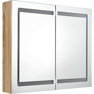 badeværelsesskab med spejl + LED-lys 80x12x68 cm egetræsfarvet