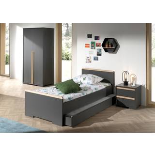 Børneværelse sæt London – seng 90×200 med skuffe, natbord og 2-dørs garderobeskab – antracit