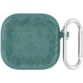 AirPods 4 flydende silikoneetui med blomstermønster og karabinhage - mørkegrøn