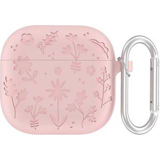 AirPods 4 Etui i flydende silikone med blomstermønster og karabinhage - Lyserød