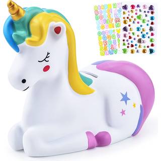 PJDRLLC Piggy Bank Girls: Unicorn Piggy Banks - Unbreakable Plastic Coin Money Bank med alfabetklisterm?rker - Rainbow
