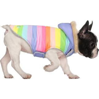 HDE Hundepufferjakke Fleeceforet Varm Hundeparka Vinterfrakke med selehul Pastel Regnbue - M