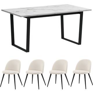 Tilst spisebordssæt spisebord hvid marmor print og 4 stole fløjl beige.