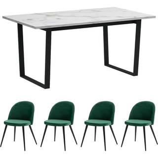 Tilst spisebordssæt bord marmor print hvid 90x160 og 4 stole velour grøn.