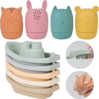 Hyszxus bad legetøj flydende både med silikone bad legetøj 9stcs form gratis baby bad legetøj til spædbørn 6-12-18 måned