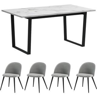 Tilst spisebordssæt bord marmor print hvid 90x160 og 4 stole velour grå.