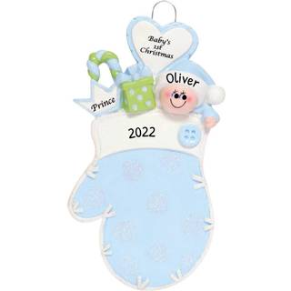 Personaliseret babys første julepynt 2024 - Brugerdefineret julepynt baby dreng første julepynt blå baby vanter ornamenter med navne på nyfødte b