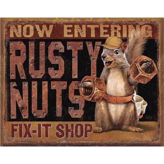 Desperate Enterprises Rusty Nuts Fix It Shop Tin Sign - Nostalgic Vintage Metal Wall Decor - Made in USA