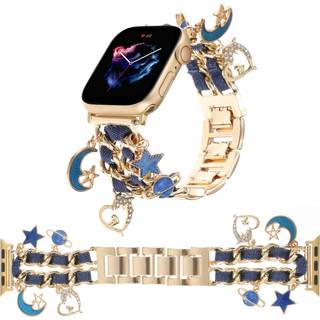 RealSign Stilful Metal armbånd kompatibelt med Apple Watch Band 38mm 40 mm 41mm cubansk kæde med blå jean armbåndstjerne Moon Love Pendants til I