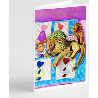 Pomeranian på sofaen med legetøjstiger lykønskningskort og konvolutter pakning på 8