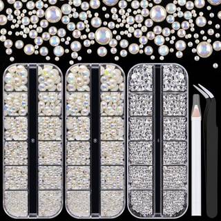 4000pcs fladback rhinestones og halvt runde perler s?t #18 multi st?rrelse glas rydde krystaller plast flad ryg beige ab kuppel perle med pickup