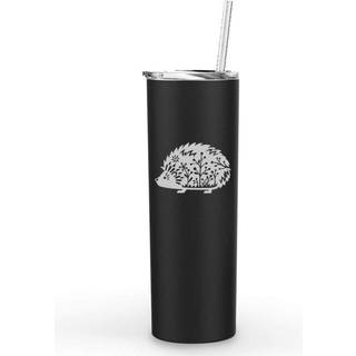 20 oz tynd høj tumbler rustfrit stål vakuum isoleret rejsekrus med halm fancy pindsvin (sort)