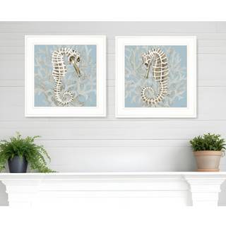 S?t med to koral Seahorse White Framed Print Wall Art
