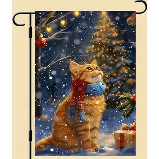 Blissyard Christmas Cat Garden Flag 12x18 Dobbeltsidet lodret flag Jul udendørs dekorativt flag Orange Cat House Flag Outside Winter Christmas Ya