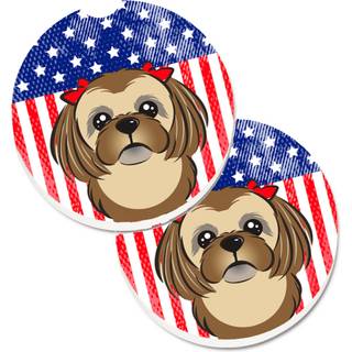 """" Caroline's Treasures American Flag & Chocolate Brown Shih Tzu Sæt med 2 Cup Holder Car Coasters BB2179Carc 2.56 Multicolor """"